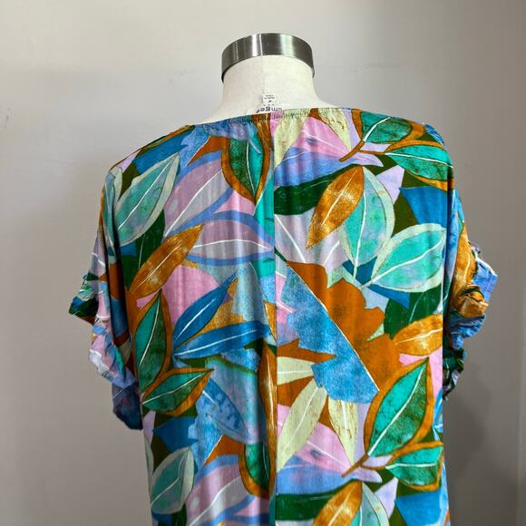 UMGEE Multicolored Leaf Print 100% Rayon V Neck Short Sleeve Dress Size M - Picture 7 of 8